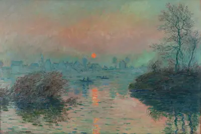 Soleil couchant sur la Seine à Lavacourt, effet d’hiver av Claude Monet