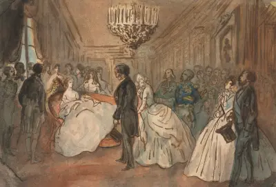 The Empress Eugénie Receiving the Diplomatic Corps after the Birth of the Imperial Prince av Constantin Guys