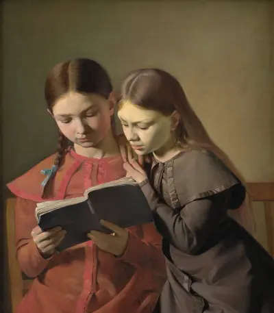 The Artist’s Sisters Signe and Henriette Reading a Book av Constantin Hansen