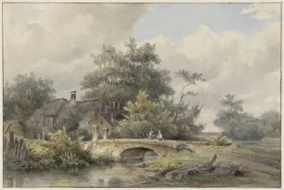 Landschap met stenen brug bij een huis av Barend Cornelis Koekkoek