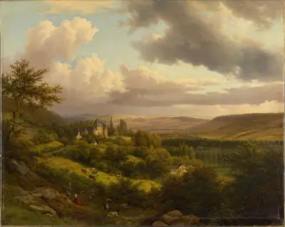 Luxemburgische Landschaft mit Blick auf Schloss Berg av Barend Cornelis Koekkoek