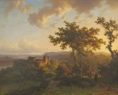 Paysage boisé avec un château av Barend Cornelis Koekkoek