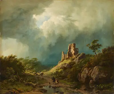 Travellers passing a ruined castle in a stormy landscape av Barend Cornelis Koekkoek