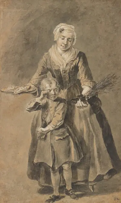 A Woman Showing A Weeping Boy His Shoe of Switches av Cornelis Troost