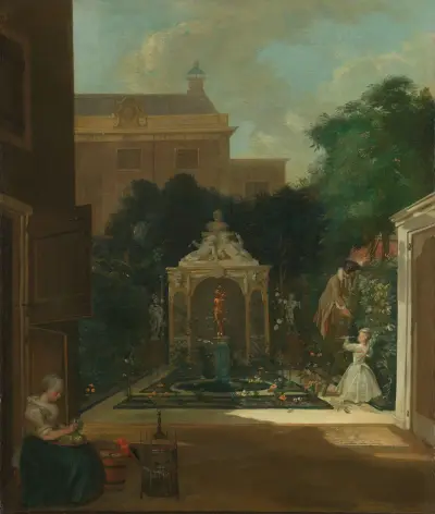 En amsterdamsk kanalhussträdgård av Cornelis Troost