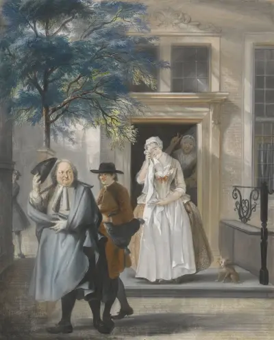 ‘De geveinsde droefheid’ eerste bedrijf, elfde toneel van het blijspel ‘De ontdekte schijndeugd’ van David Lingelbach av Cornelis Troost
