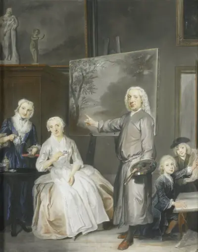 Der Landschaftsmaler Dirk Dalens III. mit seiner zweiten Ehefrau Maria Schaack und den Kindern Anna, Willem und Jacobus von Cornelis Troost