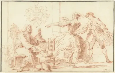 De rijke podagralijder, uitgelachen door een jonge vrouw, av Cornelis Troost