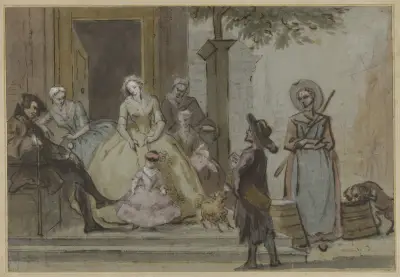 Draailier-speler voor een luisterende familie op de stoep van een stadshuis av Cornelis Troost