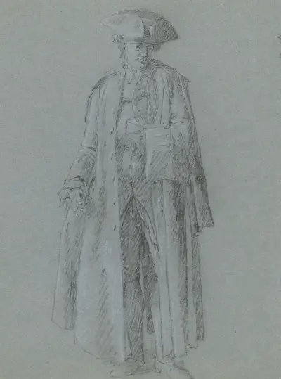Mann mit Strickmütze in sehr langem Mantel, eine Hand in die Weste gesteckt (18. Jahrhundert) von Cornelis Troost