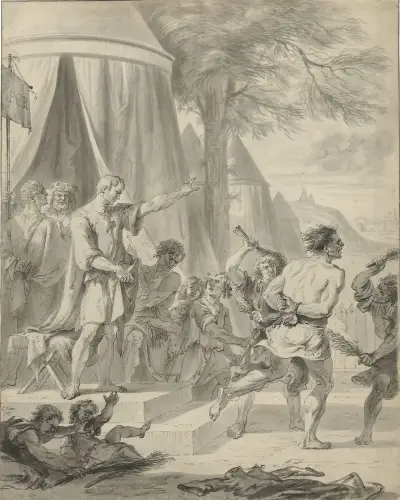 Marcus Furius Camillus lässt den Schulmeister von Falerii von seinen Schülern züchtigen von Cornelis Troost