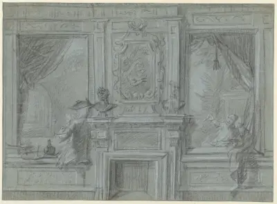 Ontwerp voor een kamerwand met schoorsteenstuk en beschilderingen av Cornelis Troost