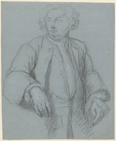 Portret van een onbekende man met lange jas, driekwart naar links av Cornelis Troost