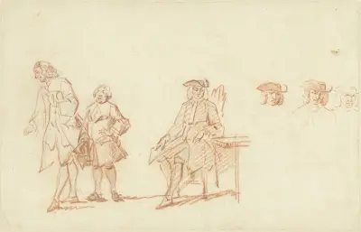Studieblad met twee staande mannen en een zittende man, wiens hoofd driemaal herhaald is av Cornelis Troost