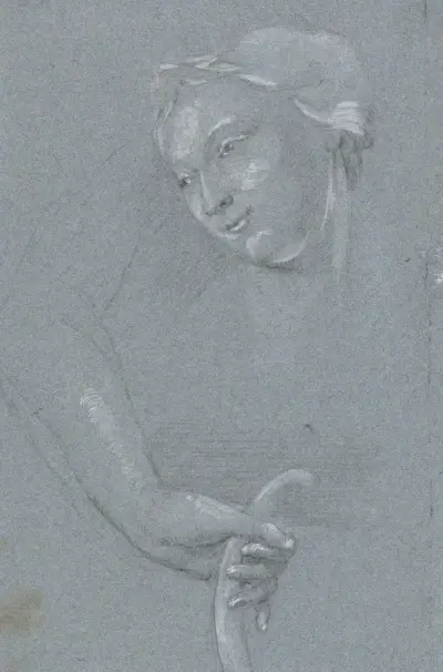 Studienblatt mit Frauenkopf und einer Hand mit Bogen von Cornelis Troost