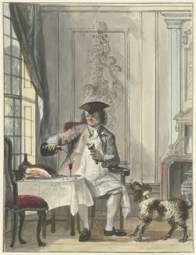 Man vid bordet med ett glas vin och en köttbit av Cornelis Troost
