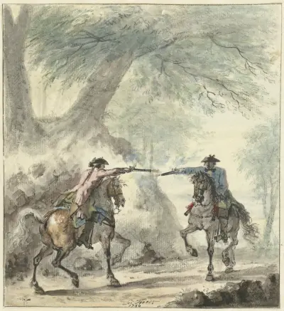 Två ryttare möts på en skogsstig och skjuter mot varandra av Cornelis Troost