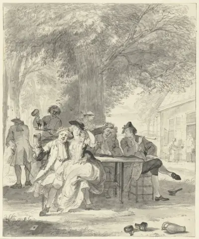 Uitgelaten gezelschap onder een boom voor een herberg av Cornelis Troost