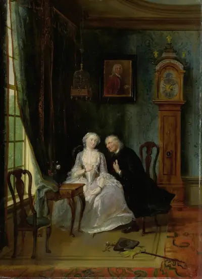 Opassande kärlek, möjligen en scen med änklingen Joost och Lucia, andra scenen ur pjäsen 'De wanhebbelijke liefde' av CJ van der Lijn av Cornelis Troost
