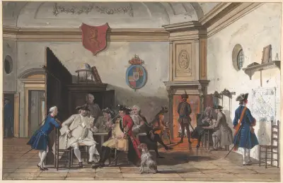 Wachtlokaal met lezende, rokende en kaartspelende officieren av Cornelis Troost