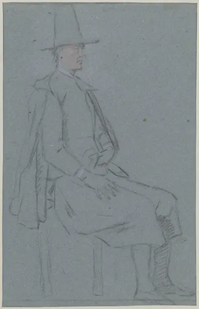 Sittande kväkare, profil mot höger, med en hand på låret av Cornelis Troost
