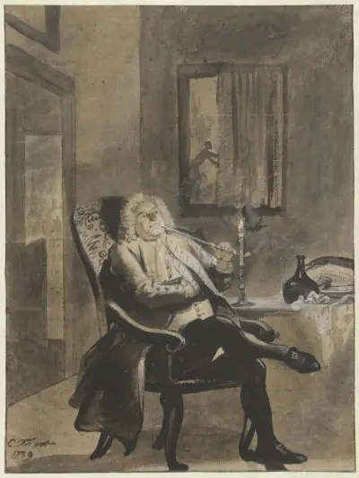 Sitzender Mann, bei Kerzenlicht eine Pfeife rauchend, während draußen Häuser in Brand stehen von Cornelis Troost