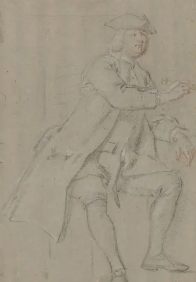 Sitzender Mann im langen Mantel mit Pfeife in der Hand, nach rechts von Cornelis Troost