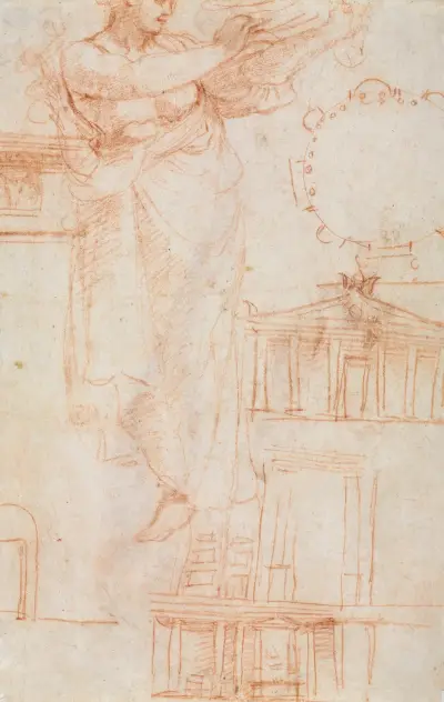 A Draped Female Figure (possibly an Amazon) and Architectural Studies (verso) av Correggio