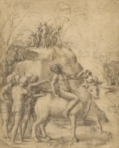 A Man Riding a Bull, and Other Figures av Correggio