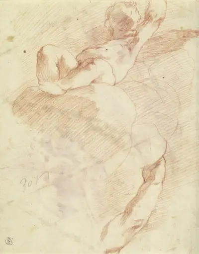 Auf einer Wolke sitzender Putto in Untersicht av Correggio