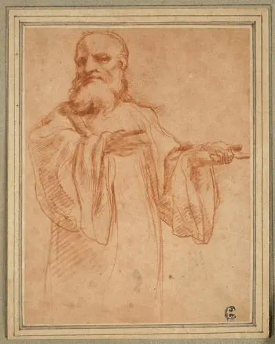 St. Benedict Gesturing to the Left; Study for the Coronation of the Virgin av Correggio