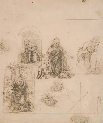 Kompositionsskisser till madonnan som tillber Kristusbarnet, med och utan Johannes Döparen som barn; diagram över en perspektivprojektion av Leonardo da Vinci