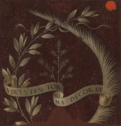 Krans av lager, palm och enbär med en skriftrulle märkt Virtutem Forma Decorat av Leonardo da Vinci