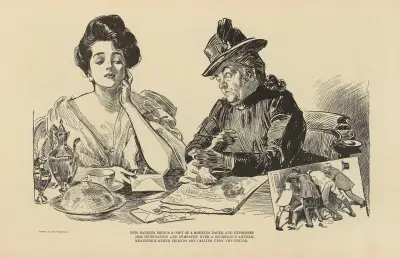 Miss Babbles brings a copy of a morning paper av Charles Dana Gibson
