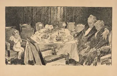 Putti trinkt Champagner an der Tafel nahe einem schlafenden älteren Paar von Charles Dana Gibson