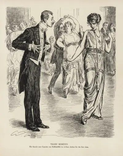 Tragiska ögonblick – Hans fästmö ser kapten von Hoffenfeffer i civila kläder för första gången av Charles Dana Gibson