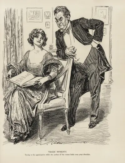 Tragic moments – Trying to be appreciative while the author of the verses looks over your shoulder av Charles Dana Gibson