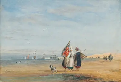 Calais strand med räktfiskare och en hund av David Cox