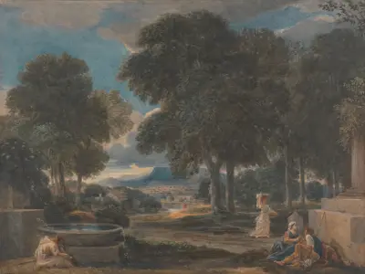 Landscape with a Man Washing His Feet at a Fountain, after Poussin av David Cox