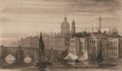 Gamla London Bridge och St. Pauls katedral från Themsen av David Cox