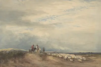 Ryttare med får vid en flodmynning av David Cox