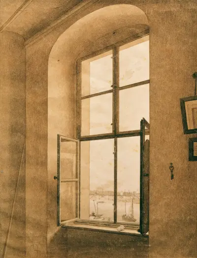 Widok z pracowni artysty w Dreźnie na Łabę (lewe okno), Caspar David Friedrich