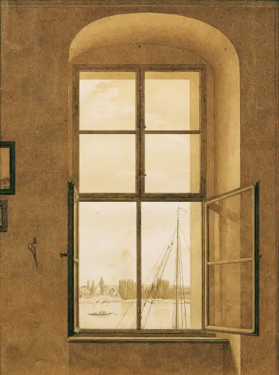 Pohled z umělcova ateliéru (pravé okno), Caspar David Friedrich