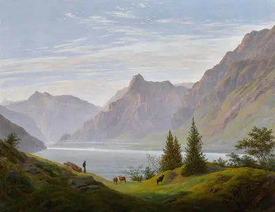 Landschaft mit gebirgsee, morgen (landscape with mountain lake, morning) av Caspar David Friedrich