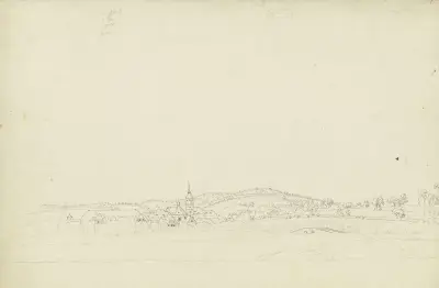 Rozległy krajobraz z wsią i mostem, Caspar David Friedrich