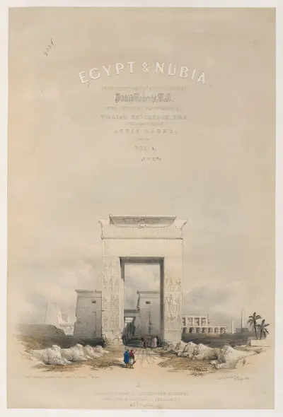 Great gateway leading to the Temple of Karnac [Karnak], Thebes. [Title vignette, vol. 2] av David Roberts
