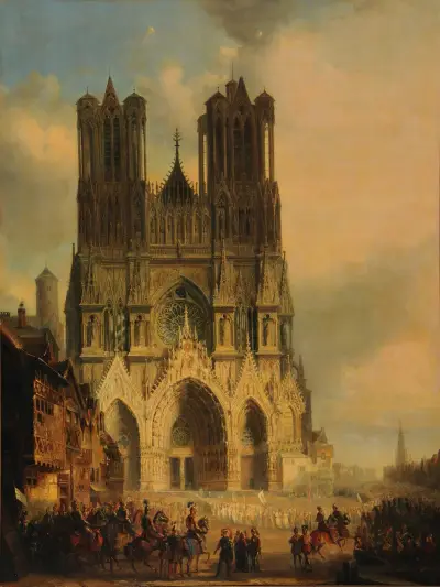 La façade de la Cathédrale de Reims avec une procession médiévale et un cortège au premier plan av David Roberts