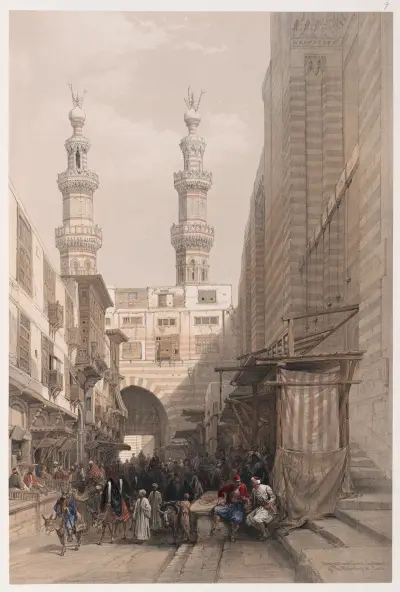 Minareter och stora porten till Metwaleys i Kairo av David Roberts