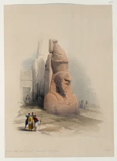 En av två kolossala statyer av Ramses II. Ingången till templet i Luxor av David Roberts