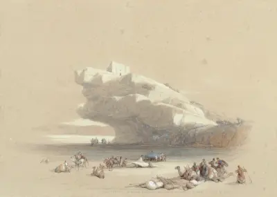 The approach to Petra, looking up to an ancient watchtower av David Roberts